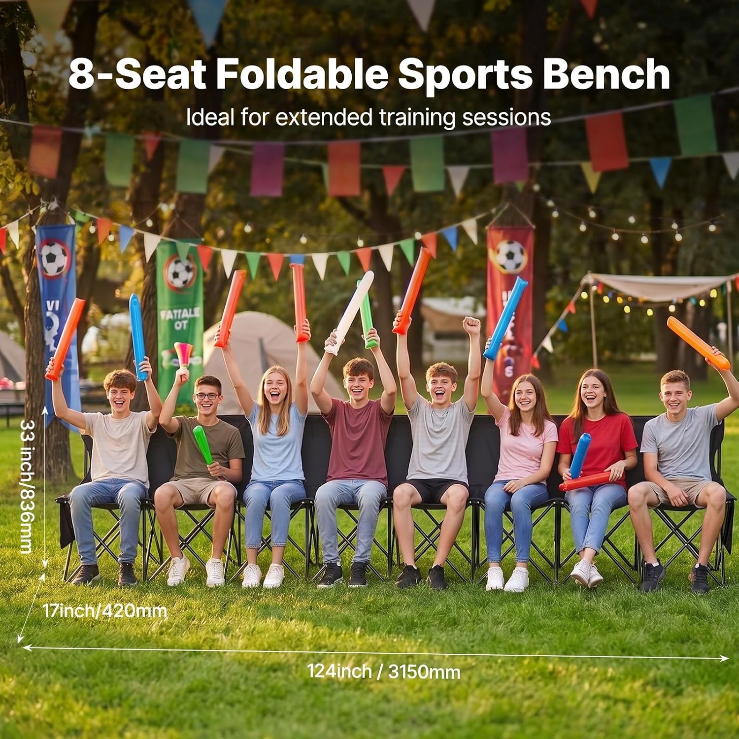 image:imageVEVOR Portable Folding Bench 6 Seat Foldable Soccer Bench with Side Pockets and Carrying Bag Lightweight Sideline Seating with Back Rest for Football Baseball Camping Outdoor Events OrangeBlack