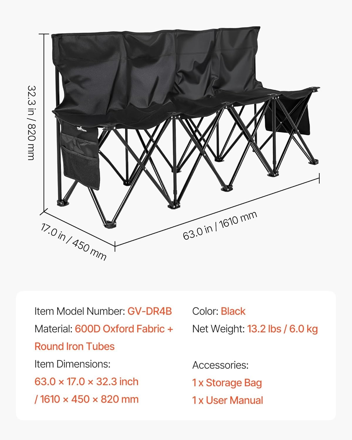 image:imageVEVOR Portable Folding Bench 6 Seat Foldable Soccer Bench with Side Pockets and Carrying Bag Lightweight Sideline Seating with Back Rest for Football Baseball Camping Outdoor Events OrangeBlack