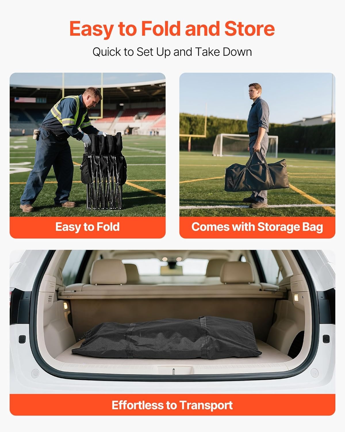 image:imageVEVOR Portable Folding Bench 6 Seat Foldable Soccer Bench with Side Pockets and Carrying Bag Lightweight Sideline Seating with Back Rest for Football Baseball Camping Outdoor Events OrangeBlack