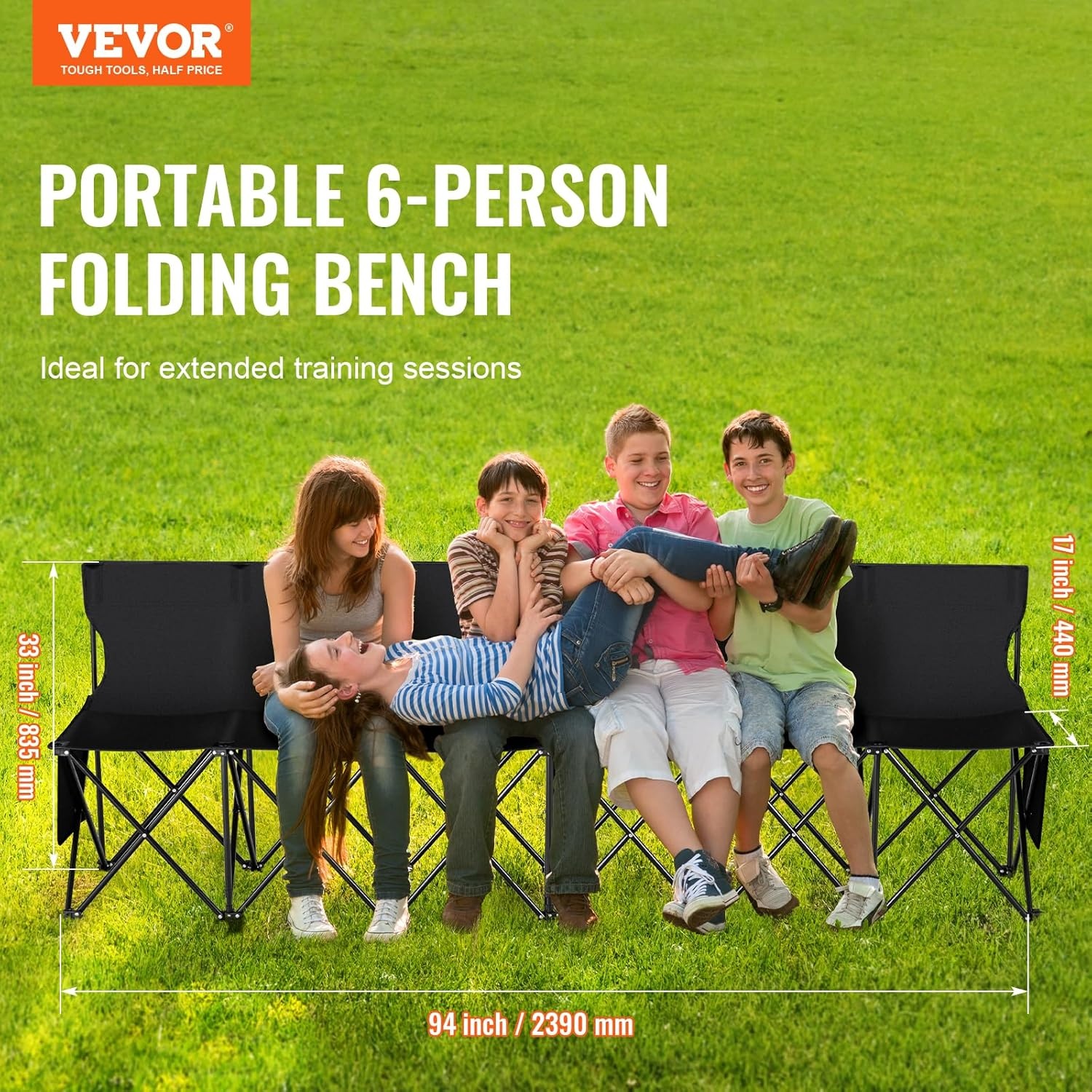 image:imageVEVOR Portable Folding Bench 6 Seat Foldable Soccer Bench with Side Pockets and Carrying Bag Lightweight Sideline Seating with Back Rest for Football Baseball Camping Outdoor Events OrangeBlack