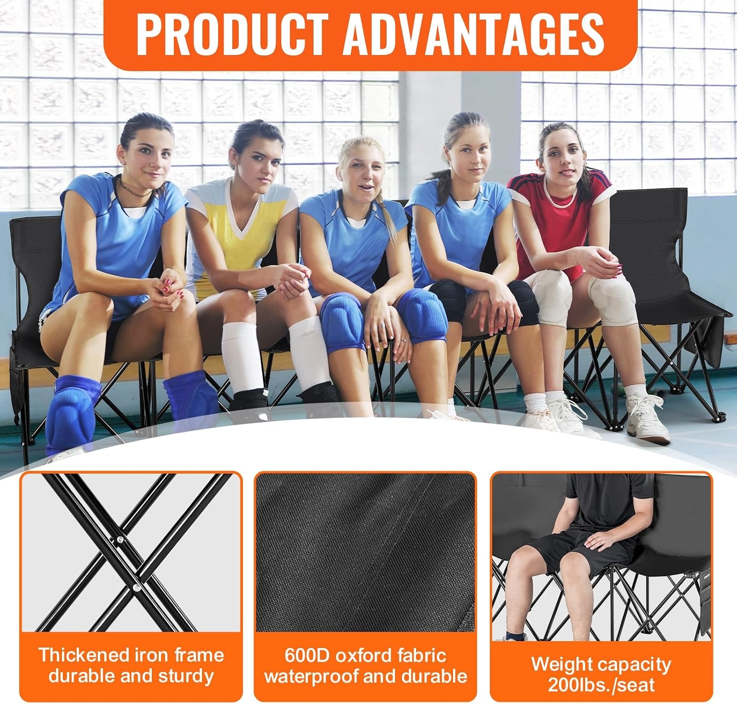 image:imageVEVOR Portable Folding Bench 6 Seat Foldable Soccer Bench with Side Pockets and Carrying Bag Lightweight Sideline Seating with Back Rest for Football Baseball Camping Outdoor Events OrangeBlack