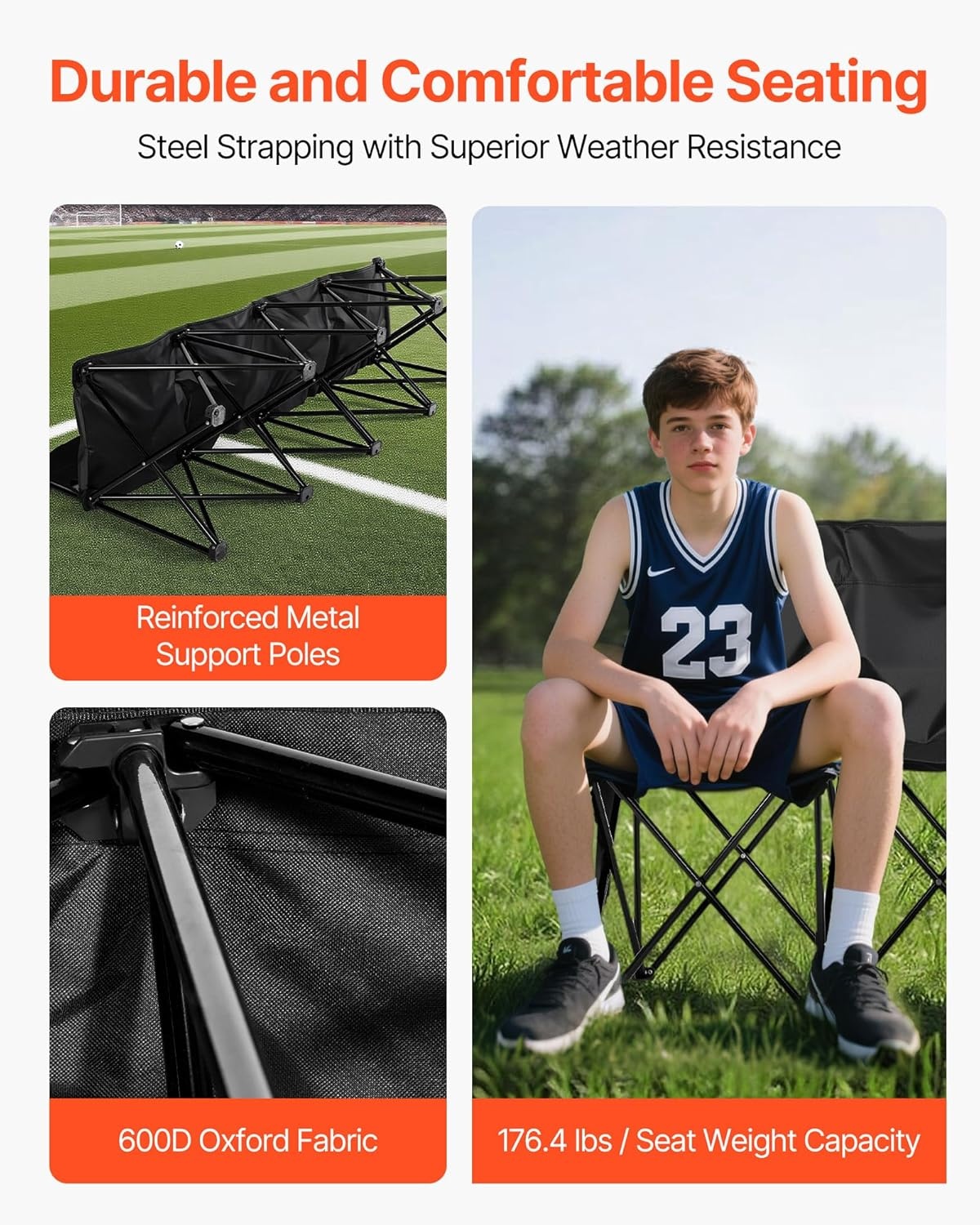 image:imageVEVOR Portable Folding Bench 6 Seat Foldable Soccer Bench with Side Pockets and Carrying Bag Lightweight Sideline Seating with Back Rest for Football Baseball Camping Outdoor Events OrangeBlack