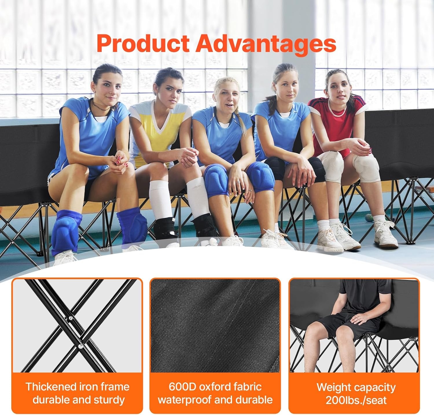 image:imageVEVOR Portable Folding Bench 6 Seat Foldable Soccer Bench with Side Pockets and Carrying Bag Lightweight Sideline Seating with Back Rest for Football Baseball Camping Outdoor Events OrangeBlack