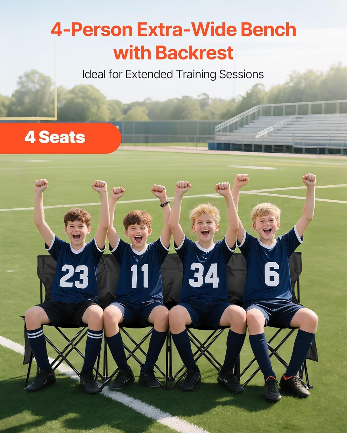 image:imageVEVOR Portable Folding Bench 6 Seat Foldable Soccer Bench with Side Pockets and Carrying Bag Lightweight Sideline Seating with Back Rest for Football Baseball Camping Outdoor Events OrangeBlack