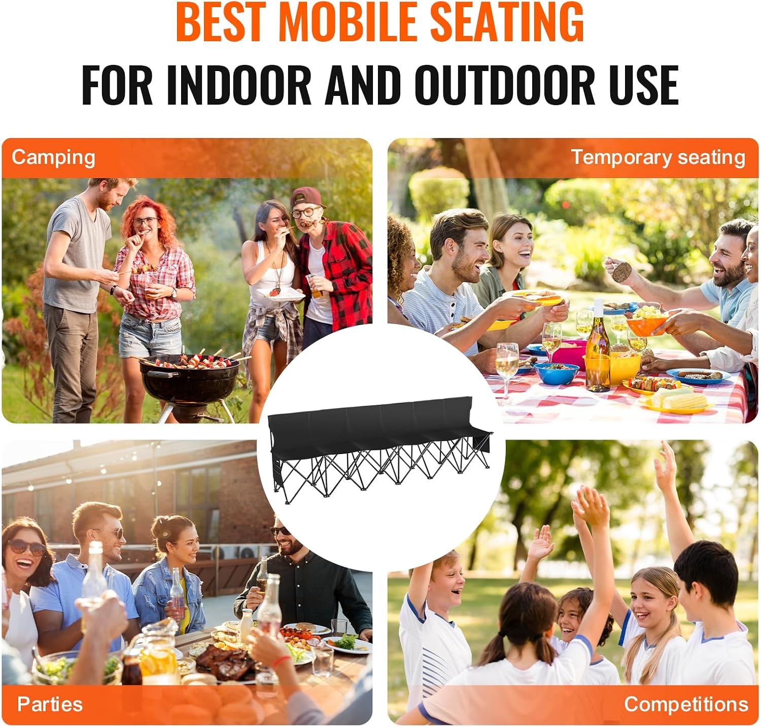image:imageVEVOR Portable Folding Bench 6 Seat Foldable Soccer Bench with Side Pockets and Carrying Bag Lightweight Sideline Seating with Back Rest for Football Baseball Camping Outdoor Events OrangeBlack