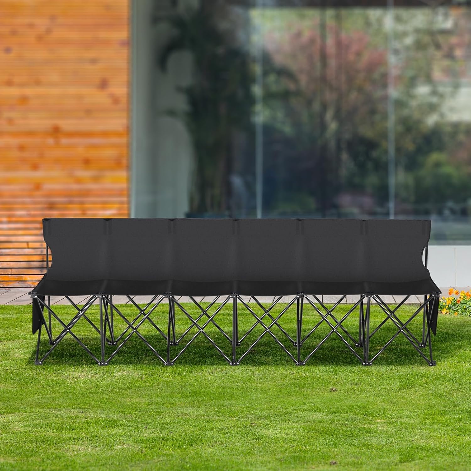 image:imageVEVOR Portable Folding Bench 6 Seat Foldable Soccer Bench with Side Pockets and Carrying Bag Lightweight Sideline Seating with Back Rest for Football Baseball Camping Outdoor Events OrangeBlack