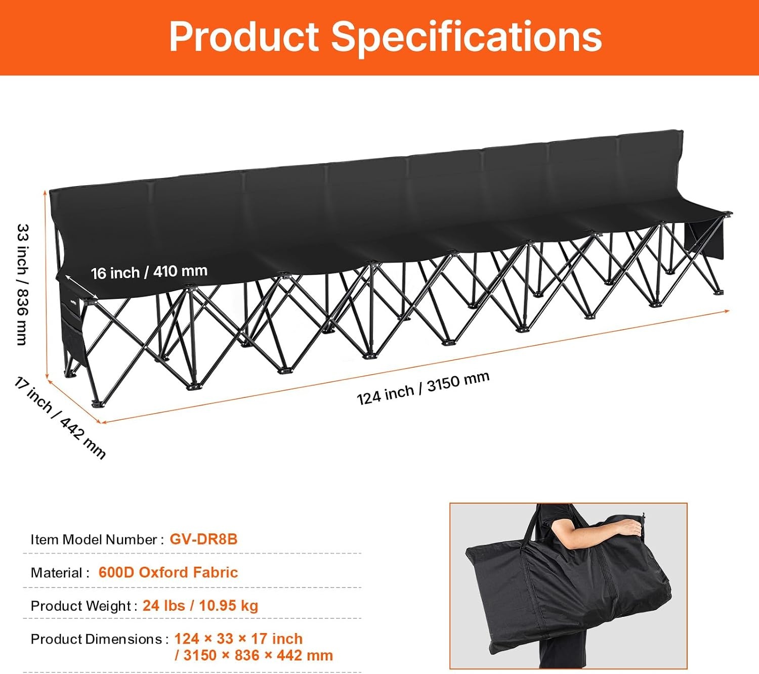 image:imageVEVOR Portable Folding Bench 6 Seat Foldable Soccer Bench with Side Pockets and Carrying Bag Lightweight Sideline Seating with Back Rest for Football Baseball Camping Outdoor Events OrangeBlack