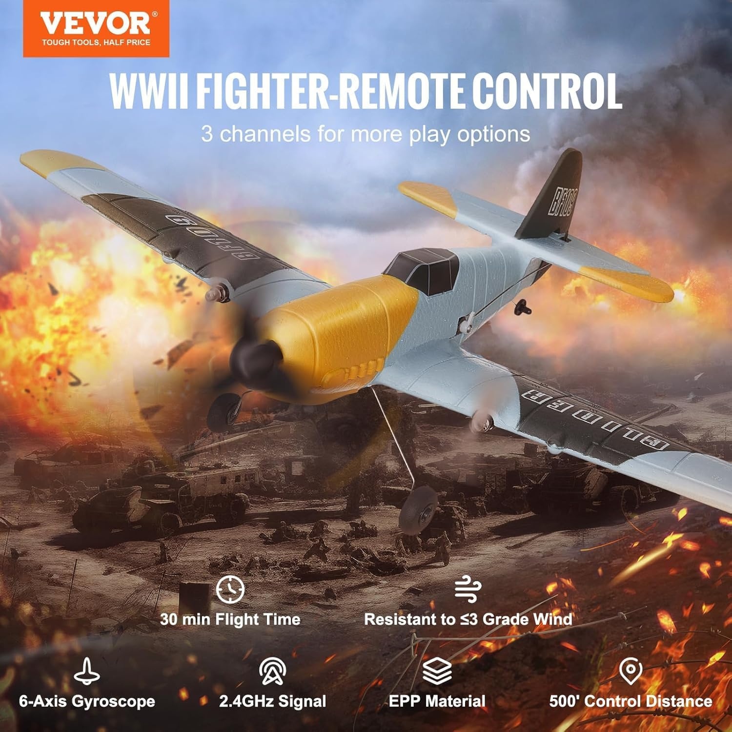 image:imageVEVOR RC Plane 24GHZ 3 Channel RC Airplane with 6Axis Gyro Stabilizeramp2 Batteries Ready to Fly BF109 Fighter Aircraft Plane Toy for Adults Beginners Kids BirthdayXmas Gift3CHBF109