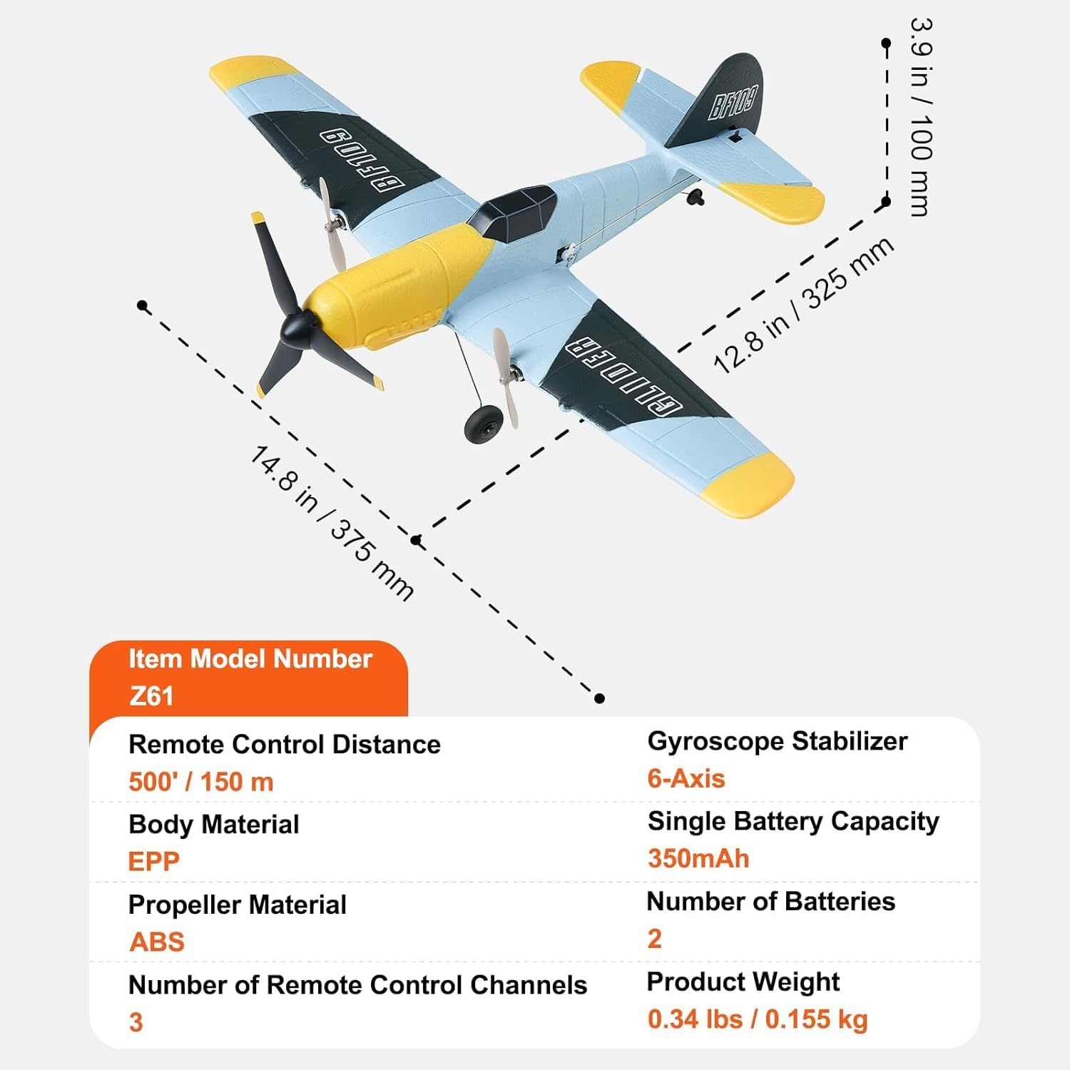 image:imageVEVOR RC Plane 24GHZ 3 Channel RC Airplane with 6Axis Gyro Stabilizeramp2 Batteries Ready to Fly BF109 Fighter Aircraft Plane Toy for Adults Beginners Kids BirthdayXmas Gift3CHBF109