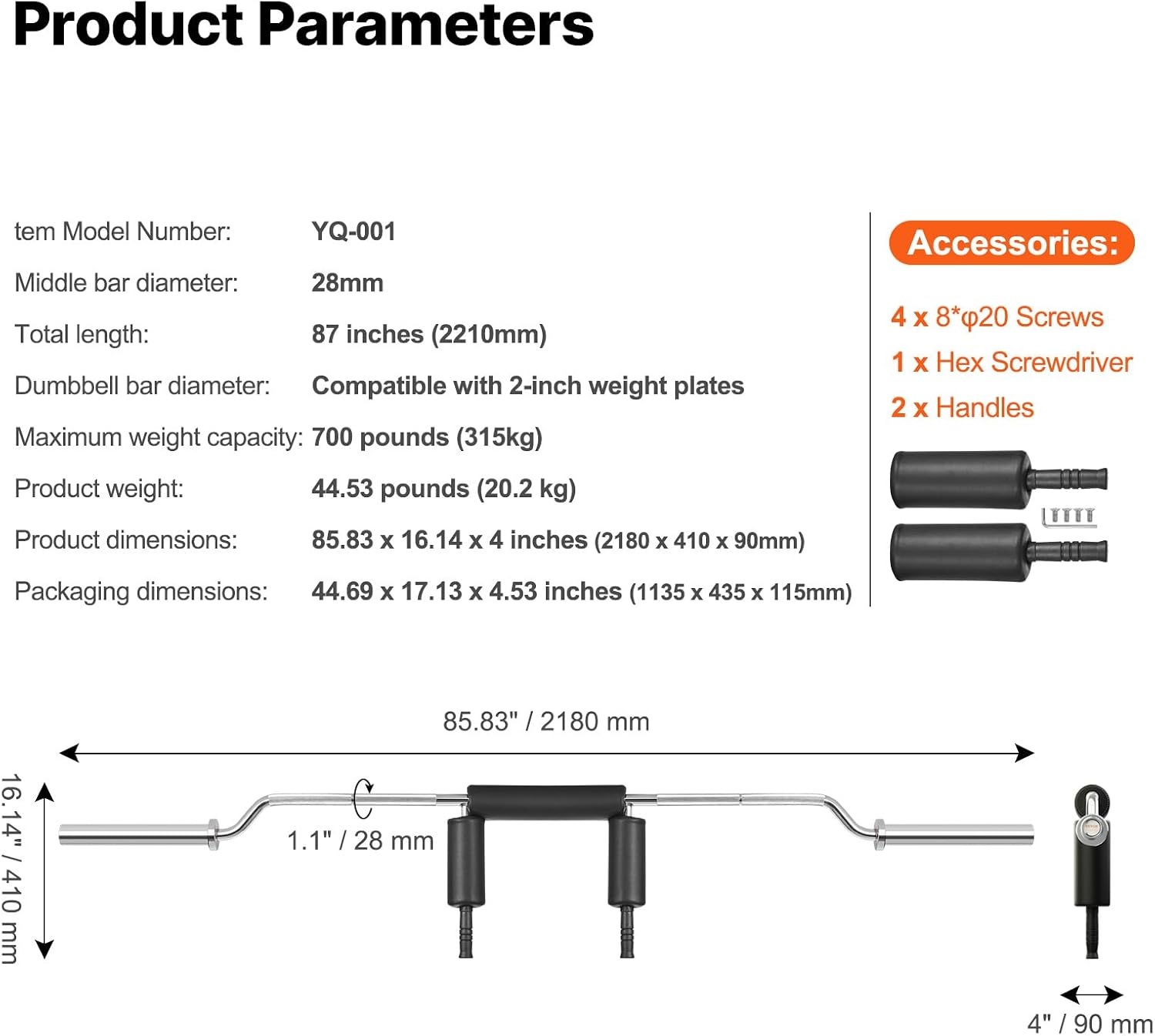 image:imageVEVOR Safety Squat Bar 700 amp 1500 LBS Plus 500 LBS Hex Barbell Trap Bar Ideal for Squats Deadlifts Lunges Rehab700 Pounds