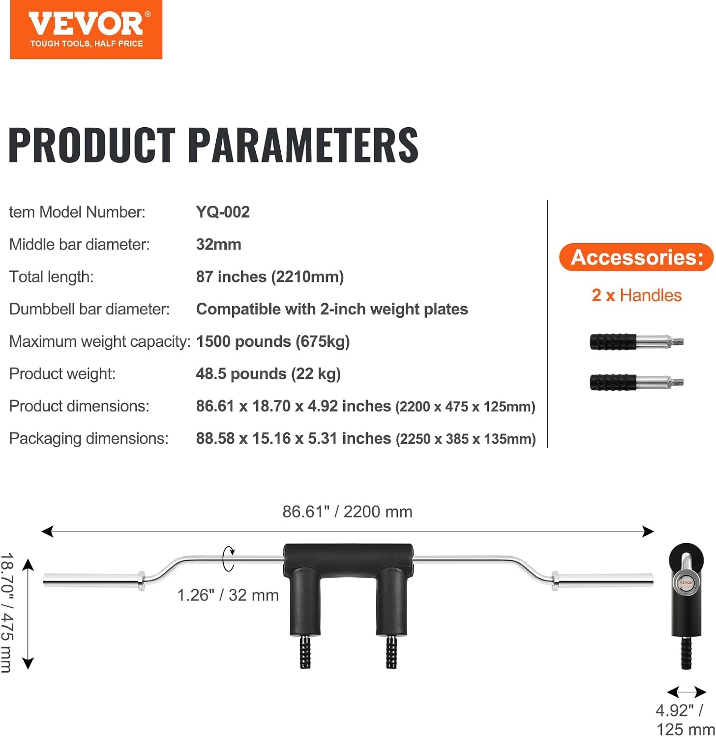image:imageVEVOR Safety Squat Bar 700 amp 1500 LBS Plus 500 LBS Hex Barbell Trap Bar Ideal for Squats Deadlifts Lunges Rehab8661 x 1870 x 492 inches