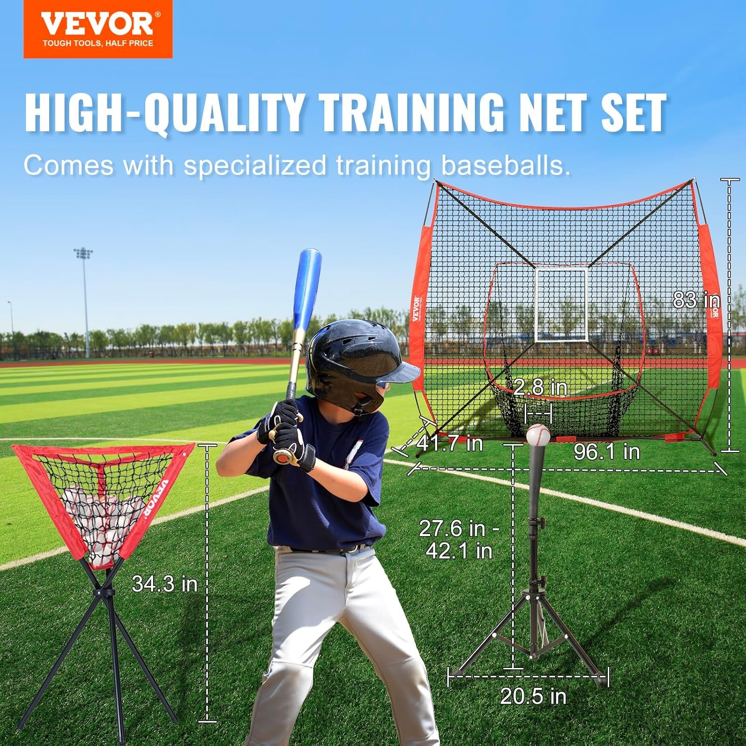 image:imageVEVOR Softball Practice Net Portable Baseball Training Net for Hitting Batting Catching Pitching Backstop Equipment with Bow Frame Carry Bag Strike Zone Batting Tee7X7FT Set 3