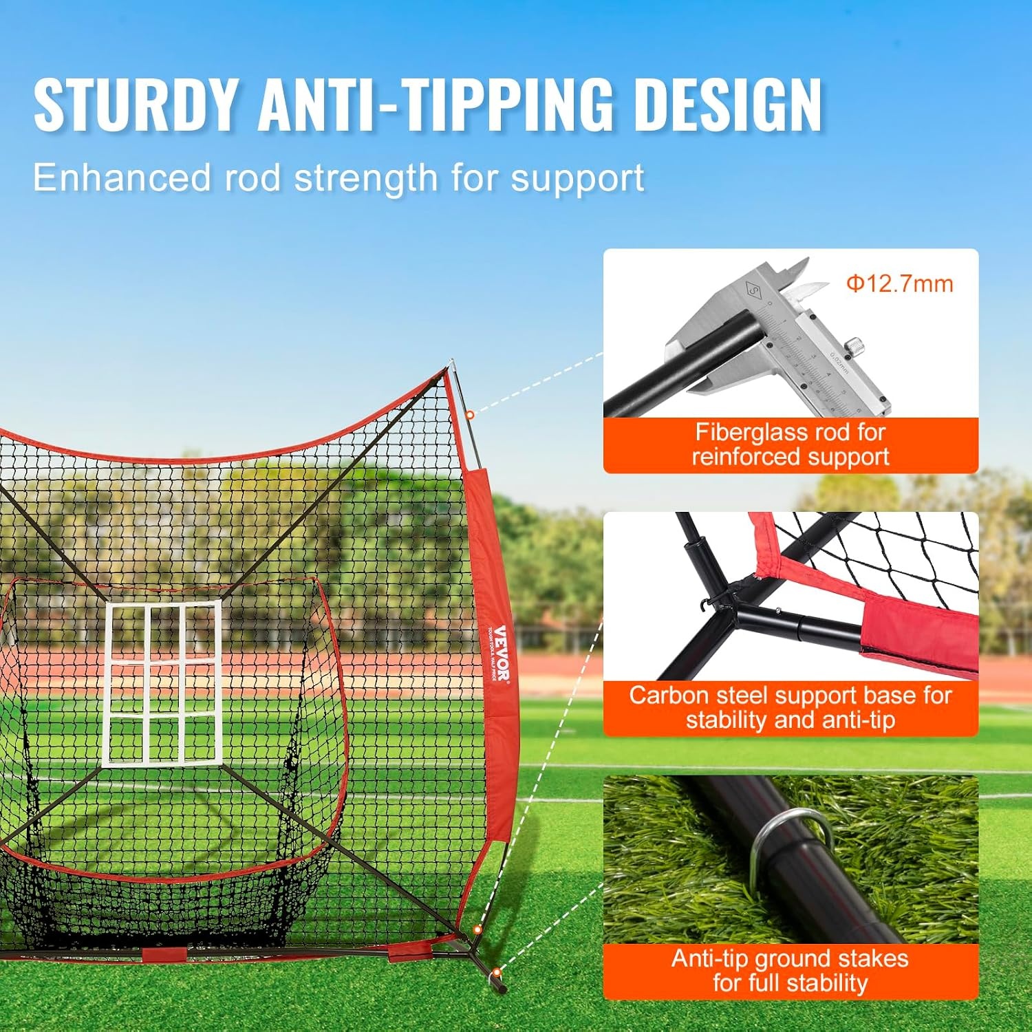 image:imageVEVOR Softball Practice Net Portable Baseball Training Net for Hitting Batting Catching Pitching Backstop Equipment with Bow Frame Carry Bag Strike Zone Batting Tee7X7FT Set 3