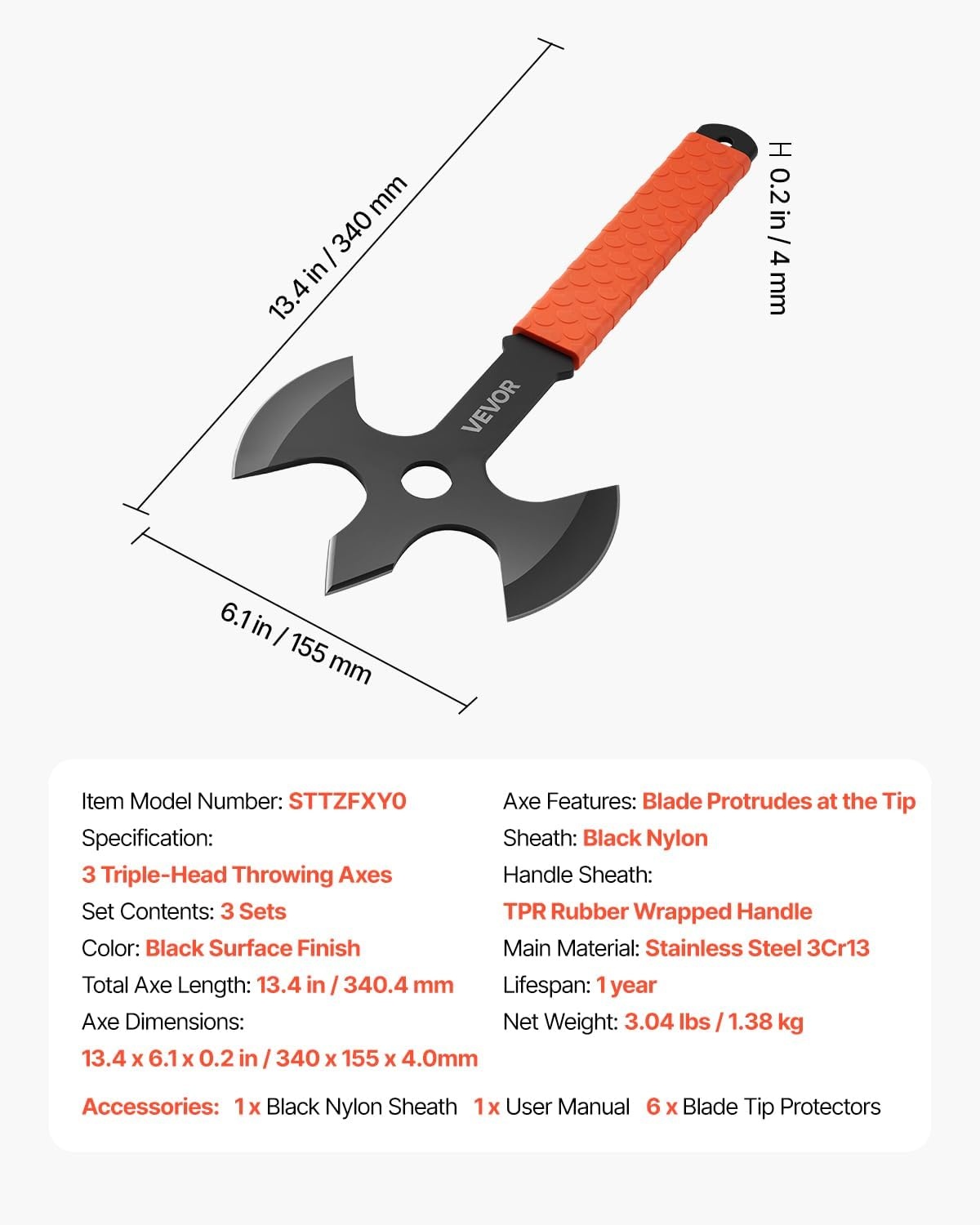 image:imageVEVOR Throwing Axes and Tomahawks 3 Pack Axe Throwing Hatchet Set MultiFunctional Handle with Wrench and Bottle Opener Stainless Steel with Black Nylon Sheath for Recreation and Competition3 Pack Triple Edge Axe