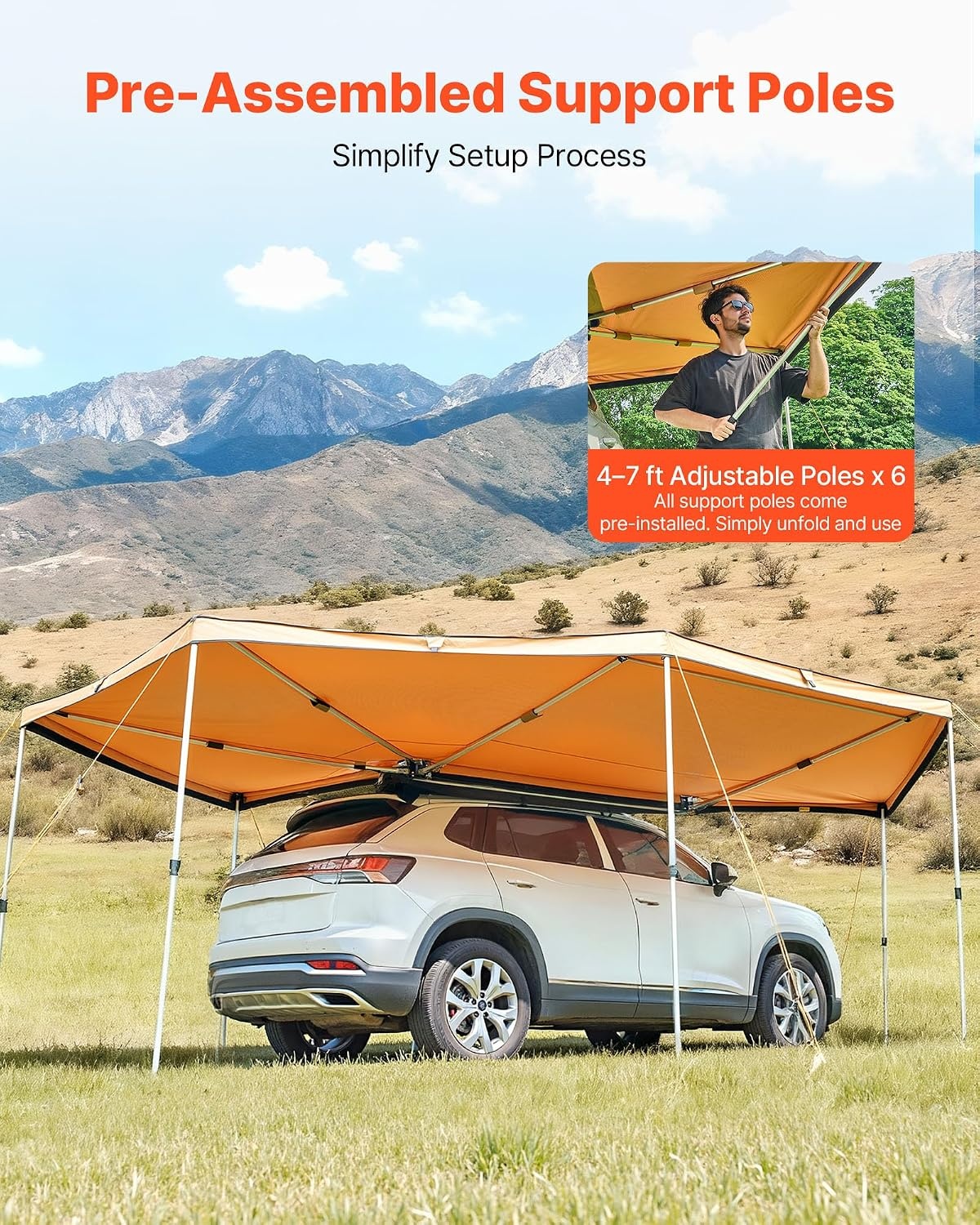 image:imageVEVOR Vehicle Awning 66x82 Roof Rack PullOut Sun Shade UV50 PU3000mm Retractable Weatherproof 4x4 Side Awning for SUV Outdoor Camping amp Overland Hardware Included wWaterproof Storage BagKhaki 270 2067ft Car Awning