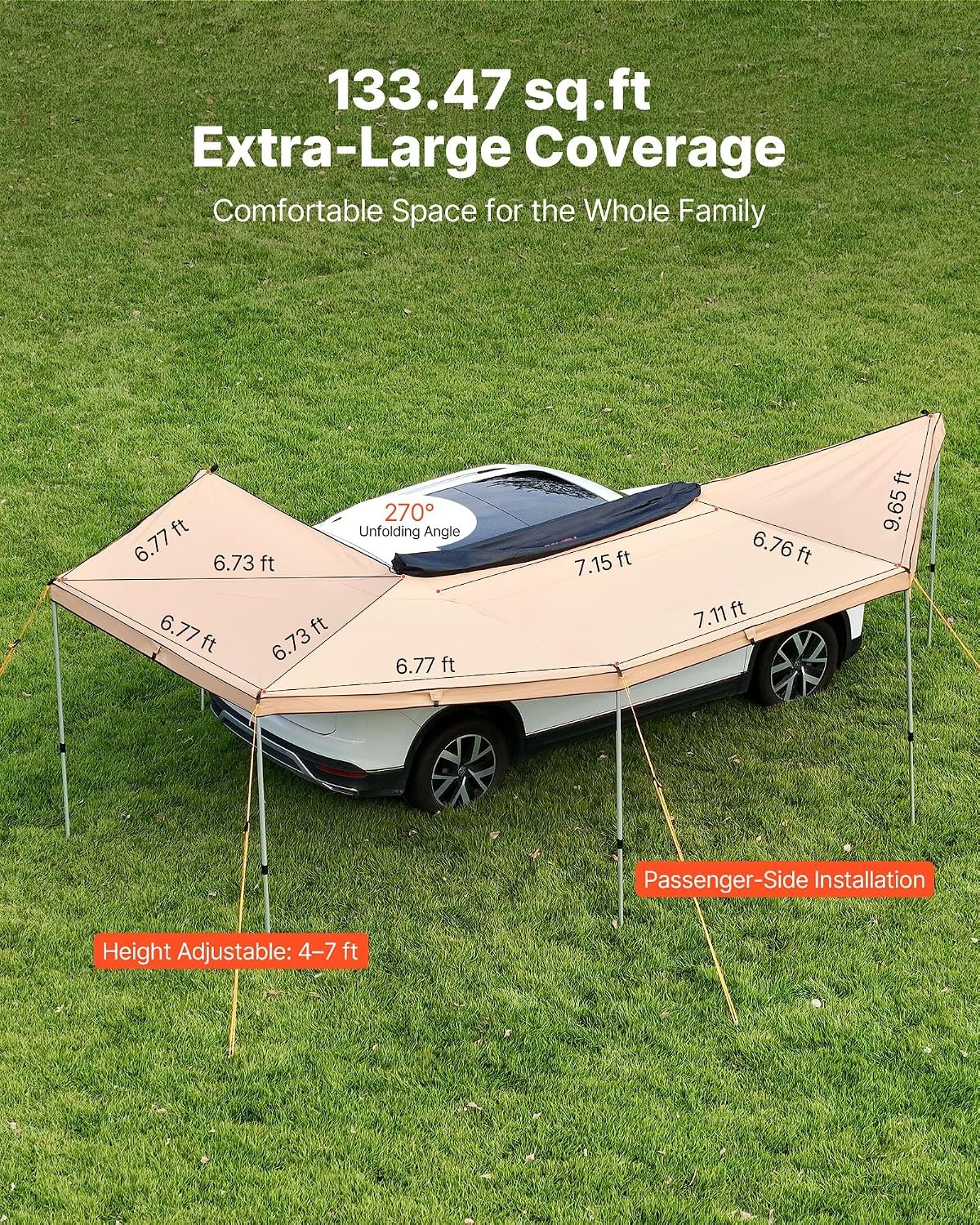image:imageVEVOR Vehicle Awning 66x82 Roof Rack PullOut Sun Shade UV50 PU3000mm Retractable Weatherproof 4x4 Side Awning for SUV Outdoor Camping amp Overland Hardware Included wWaterproof Storage BagKhaki 270 2067ft Car Awning