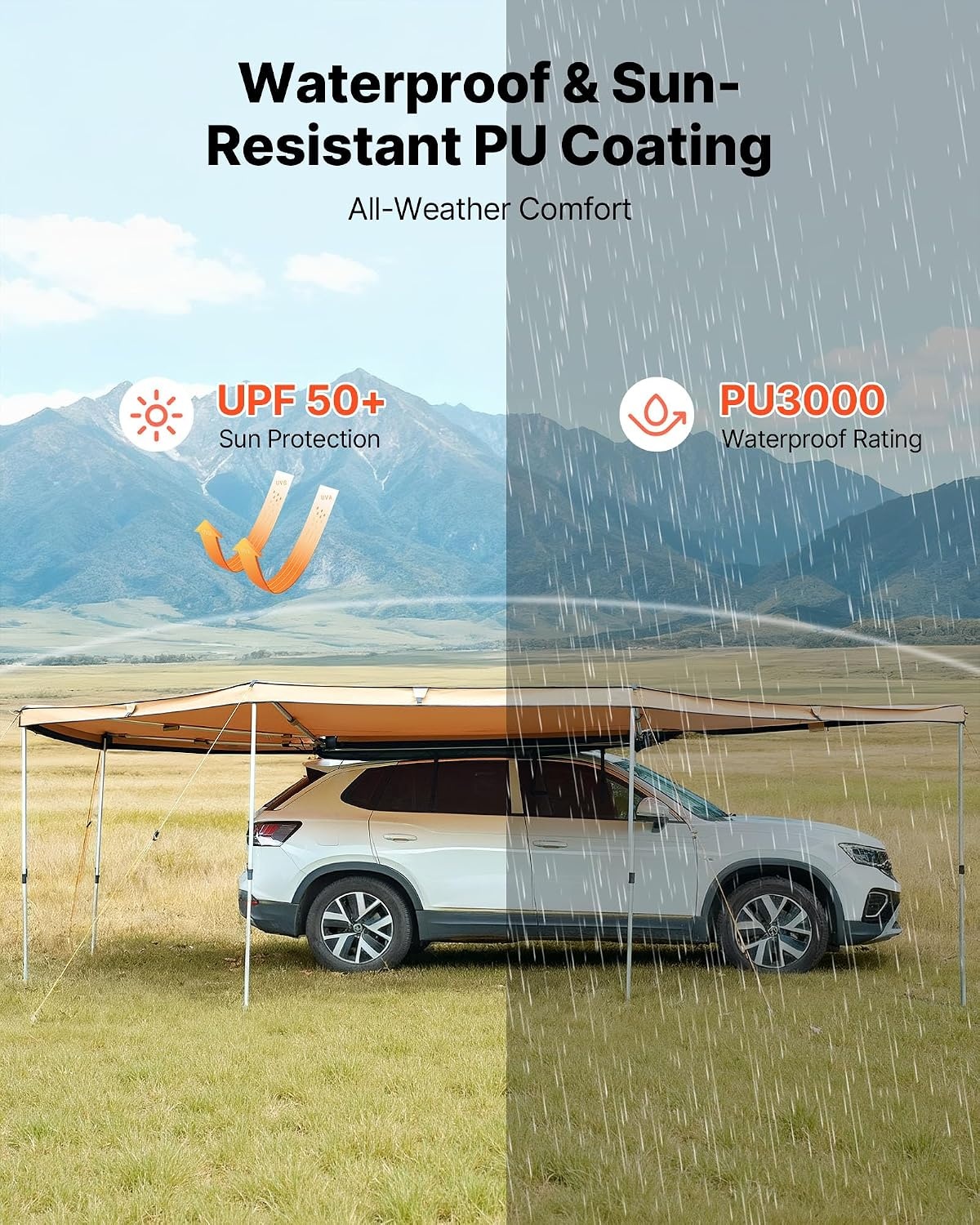 image:imageVEVOR Vehicle Awning 66x82 Roof Rack PullOut Sun Shade UV50 PU3000mm Retractable Weatherproof 4x4 Side Awning for SUV Outdoor Camping amp Overland Hardware Included wWaterproof Storage BagKhaki 270 2067ft Car Awning