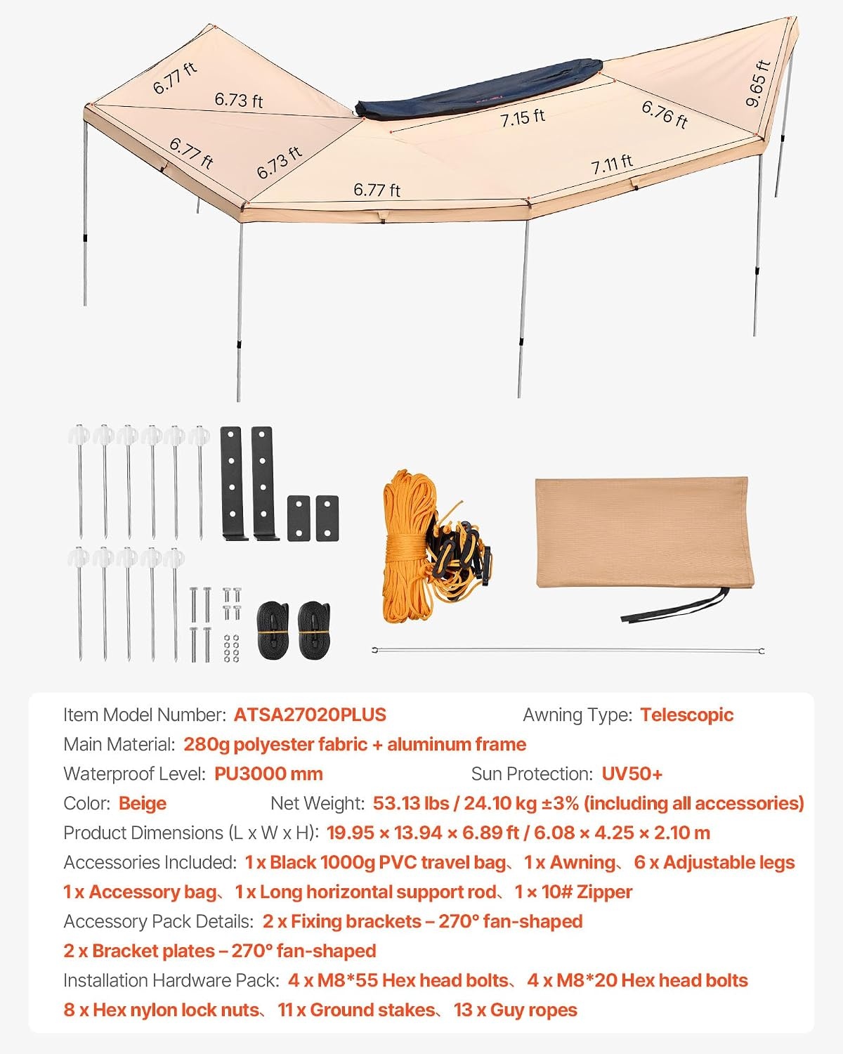 image:imageVEVOR Vehicle Awning 66x82 Roof Rack PullOut Sun Shade UV50 PU3000mm Retractable Weatherproof 4x4 Side Awning for SUV Outdoor Camping amp Overland Hardware Included wWaterproof Storage BagKhaki 270 2067ft Car Awning