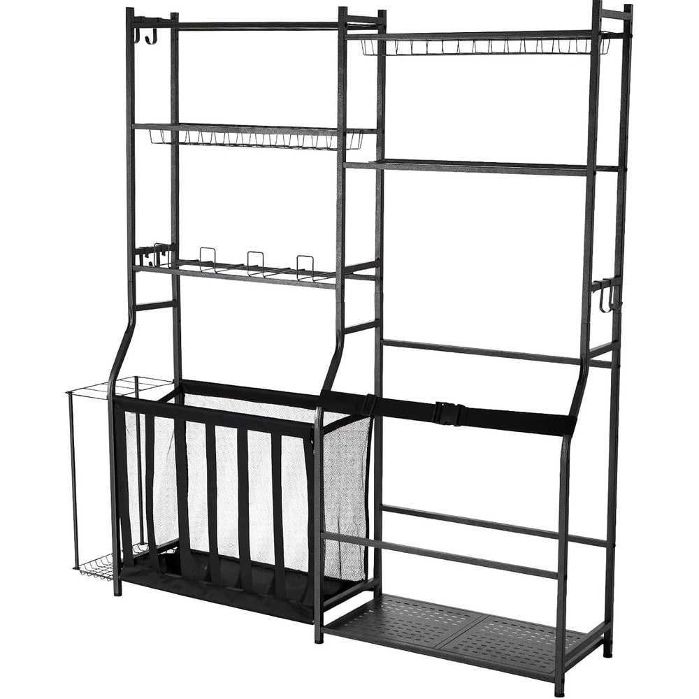 image:imageHappybuy Golf Storage Garage Organizer 2 Bag Stand Sports Equipment Rack Steel Cart Black with Baskets amp Hooks