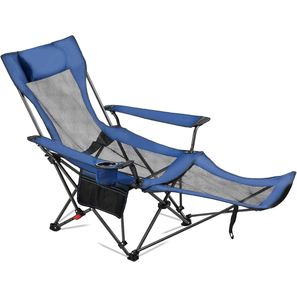 image:imageVEVOR 2in1 Reclining Camping Chair with Footrest for Adults 4 Adjustable Positions Portable Folding Lounger Lightweight Mesh Beach Chair Supports 220lbs Heavy Duty Camp Chairs Outdoor BlueBlue