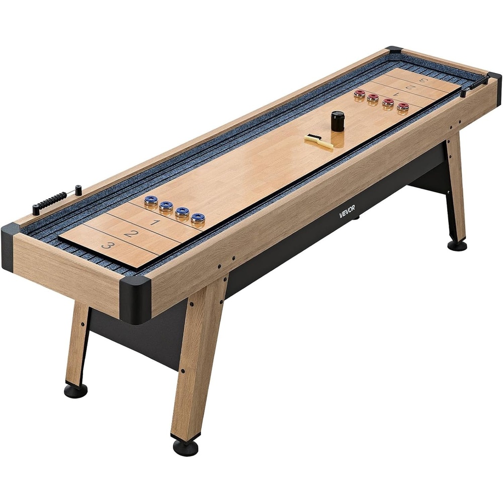 image:imageVEVOR 7ft 9ft 12ft Shuffleboard Table 2 in 1 Shuffleboard and Bowling Combo Set Shuffle Board with ScratchResistant Playfield Pucks Bowling Set Wax Brush for Family Game Rooms9ft  Wood Color