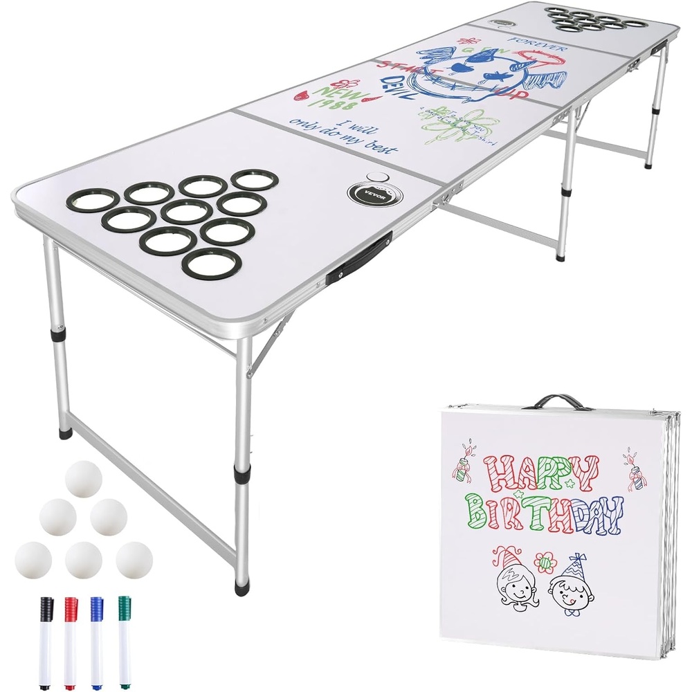 image:imageVEVOR 8 Foot Portable Beer Pong Table Folding Tailgate Table Cup Holes Dry Erase Markers and Carrying Handles Adjustable Height Lightweight Table for Office Tailgate Party amp Camping White
