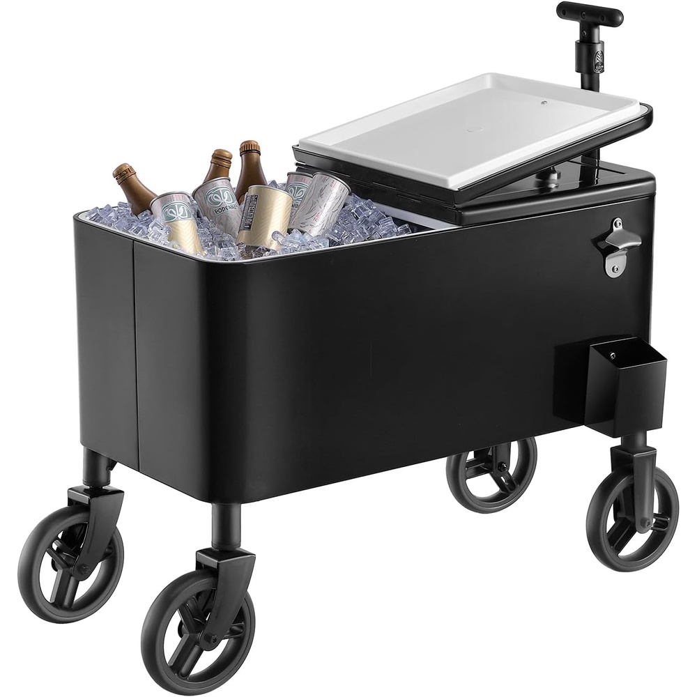 image:imageVEVOR 80 Quart Rolling Ice Chest Cart with 2Stage Telescopic Pull Handle and 2 Swivel Casters Portable Table Beach Patio Party Bar Cold Drink Beverage Outdoor Park Cart on Wheels Black