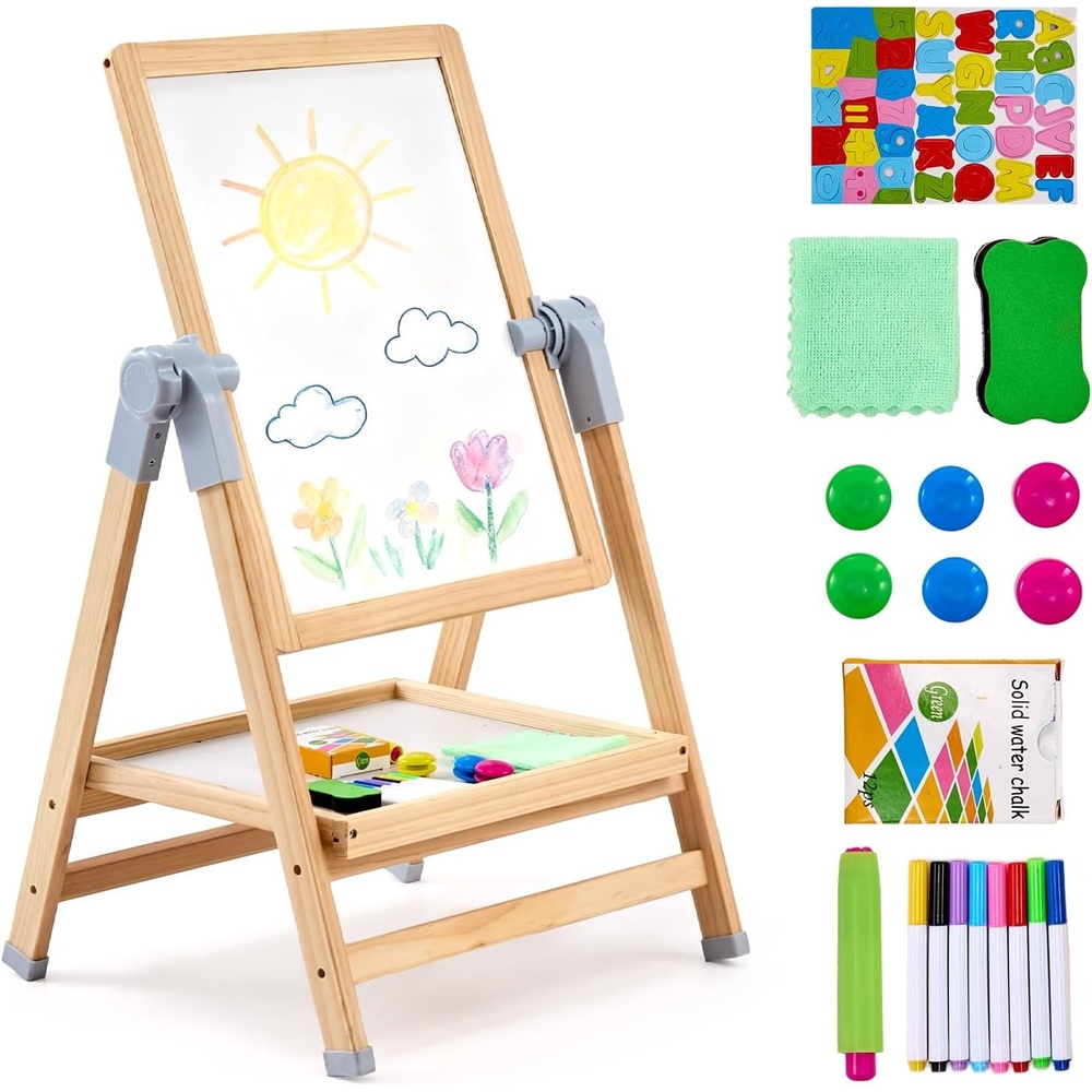 image:imageVEVOR Art Easel for Kids 2in1 Wooden DoubleSided Kids Art Easel with Magnetic Whiteboard amp Chalkboard Adjustable Standing Rotatable Foldable Drawing Board with Painting Accessories for Boy Girl2in1 Wooden