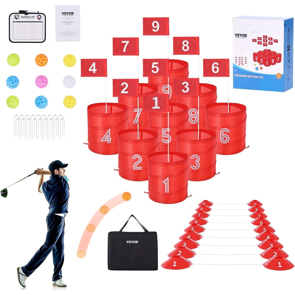 image:imageVEVOR Backyard Golf Game 3 Hole Golf Course Golf Game Practice Games Golf Chipping Game for Family Adults and Kids Portable Outdoor Yard Golf Game for Lawn Yard Camping Park Beach9 Pack Golf Buckets