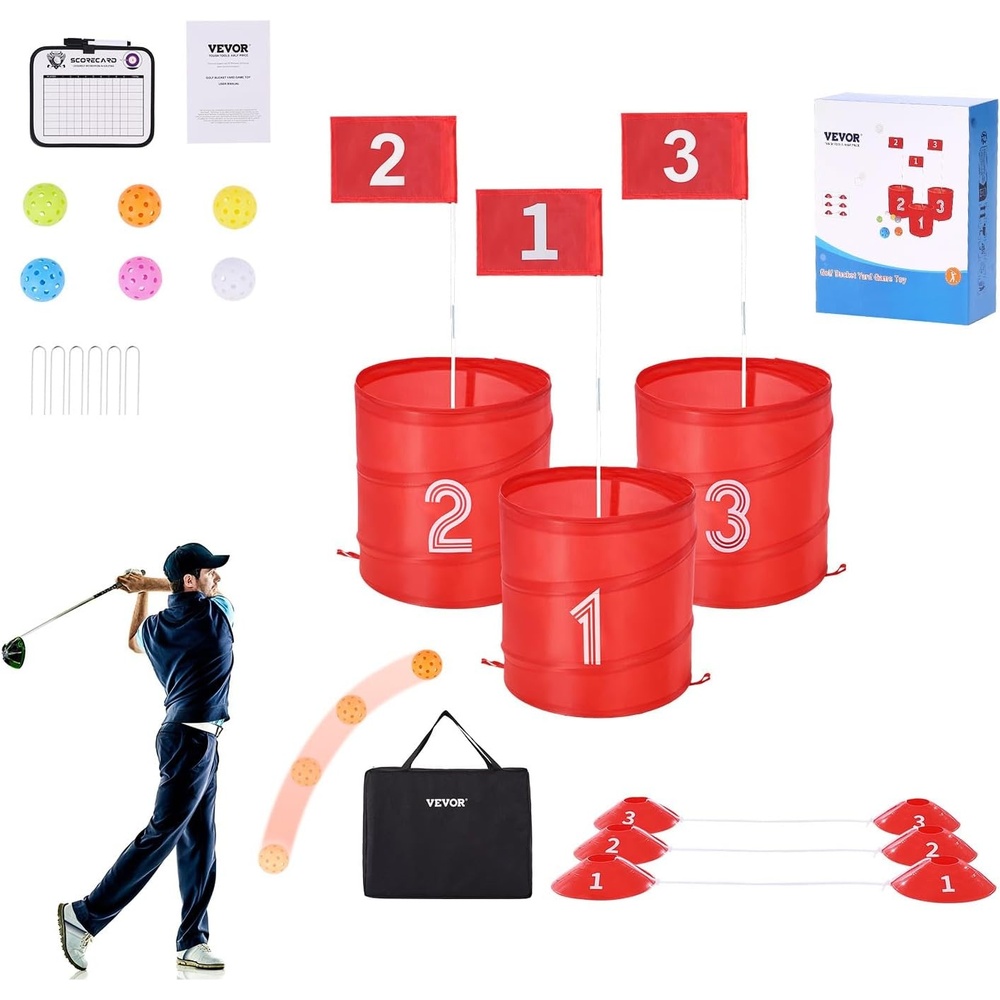 image:imageVEVOR Backyard Golf Game 3 Hole Golf Course Golf Game Practice Games Golf Chipping Game for Family Adults and Kids Portable Outdoor Yard Golf Game for Lawn Yard Camping Park Beach3 Pack Golf Buckets