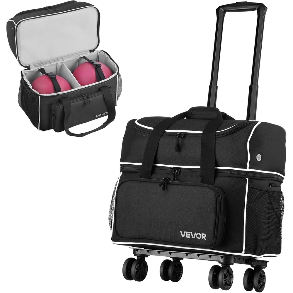 image:imageVEVOR Bowling Ball Bag 2Ball Bowling Bag with Wheels Featuring a Separate Compartment for Shoes Up to US Size 16 amp Oversized Accessory Pocket Retractable Handle Extends to 4132 in