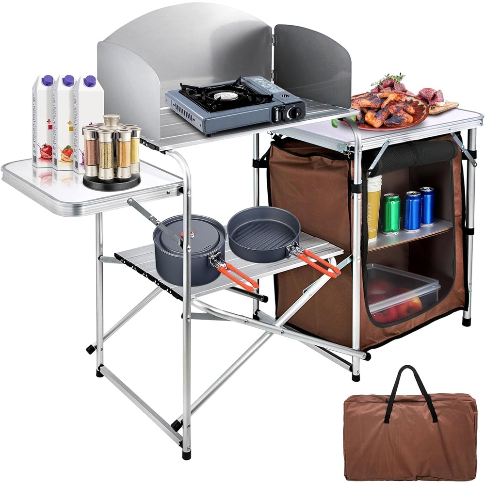 image:imageVEVOR Camping Kitchen Table Aluminum Portable Folding Camp Cook Station with Windscreen Cupboard Storage Organizer Carrying Bag Quick Installation for Outdoor Picnic Beach BBQ RV Traveling BrownBrown