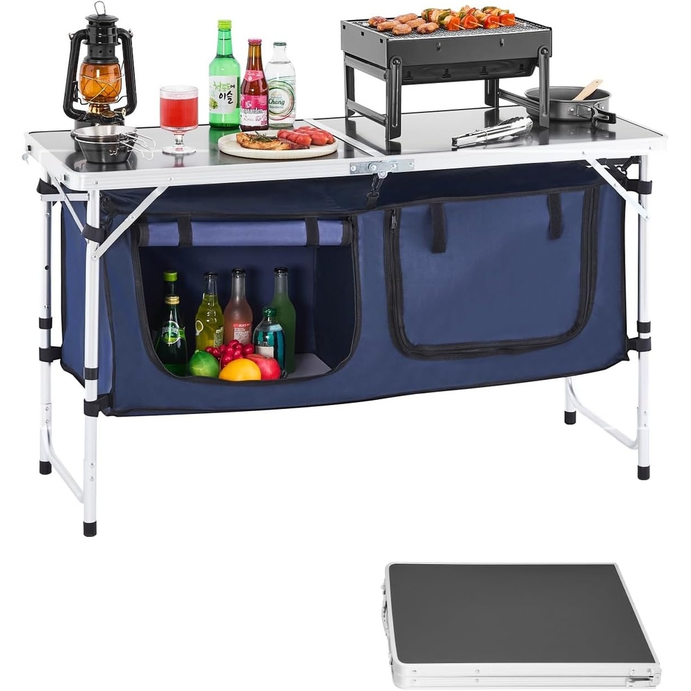 image:imageVEVOR Camping Kitchen Table Folding Outdoor Cooking Table 3 Adjustable Heights Aluminum Lightweight Portable Cook Station with Storage Organizer Carry Handle for BBQ Party Picnic RV Travel BlackBlackblue