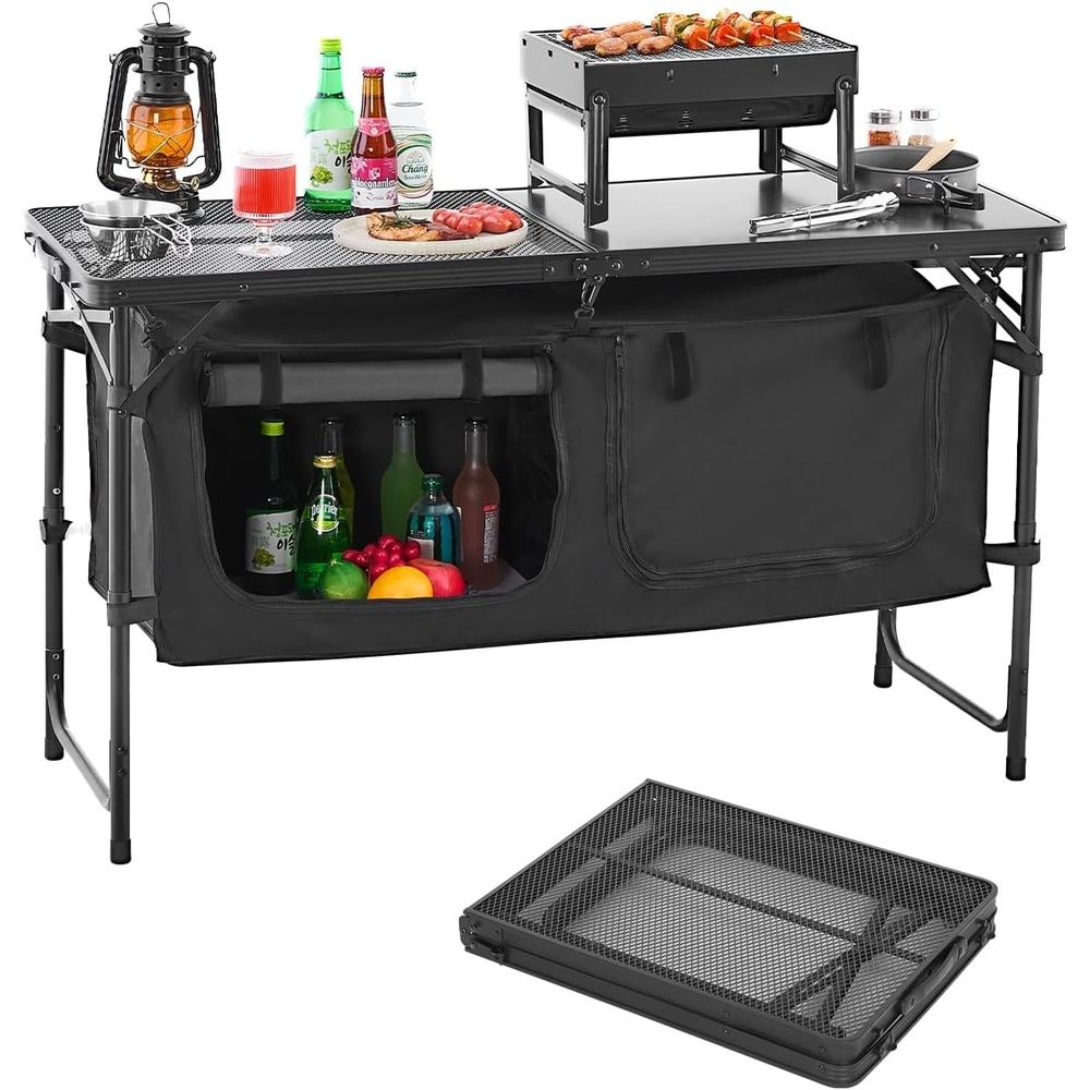 image:imageVEVOR Camping Kitchen Table Folding Outdoor Cooking Table 3 Adjustable Heights Aluminum Lightweight Portable Cook Station with Storage Organizer Carry Handle for BBQ Party Picnic RV Travel BlackBlack
