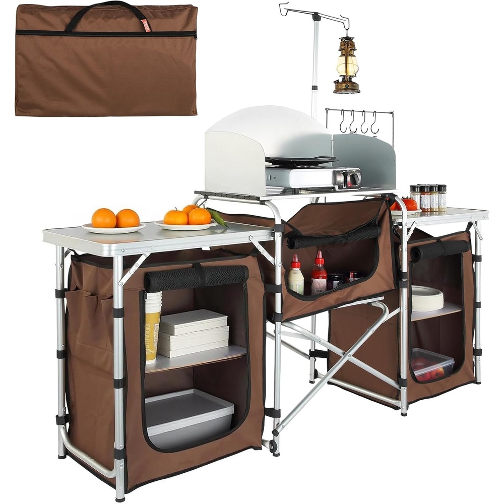 image:imageVEVOR Camping Kitchen Table Folding Outdoor Cooking Table with Storage Carrying Bag Aluminum Cook Station 3 Cupboard amp Detachable Windscreen Quick Setup for Picnics BBQ RV Traveling BrownBrown