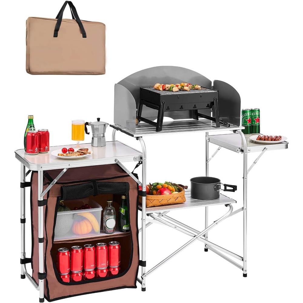 image:imageVEVOR Camping Kitchen Table Outdoor Camp Cooking Table Aluminum Portable Cook Station with 3 Storage Cupboard Carrying Bag Detachable Windscreen Quick Setup for BBQ Party Picnic RV Travel BlackBrown