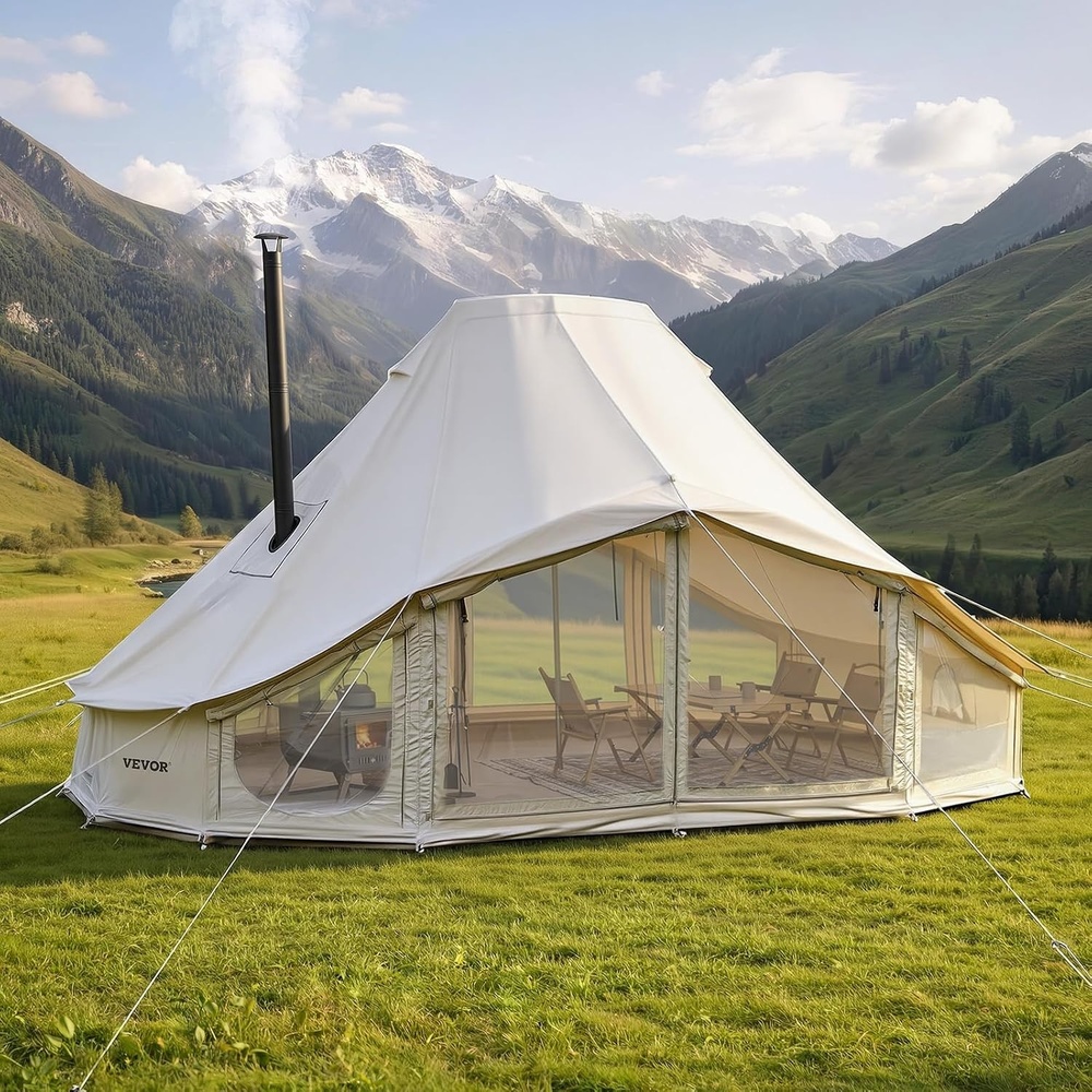 image:imageVEVOR Canvas Bell Tent 4 Seasons Yurt Tent for Camping with Stove Jack Waterproof Breathable with Zipped Detachable Floor Family Camping Glamping Outdoor Hunting PartyLight Beige