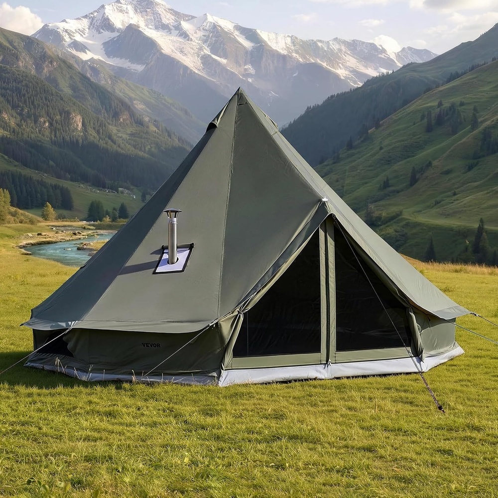 image:imageVEVOR Canvas Bell Tent 4 Seasons Yurt Tent for Camping with Stove Jack Waterproof Breathable with Zipped Detachable Floor Family Camping Glamping Outdoor Hunting PartyDark Green