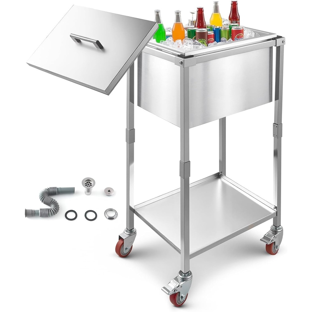 image:imageVEVOR Commercial Ice Bin Underbar Ice Bin Stainless Steel Ice Chest with Sliding Lid Bottle Holders Adjustable Bullet Feet Cooler Cart Cocktail Unit for Bar Restaurant Pub22 x 16 x 38 inch