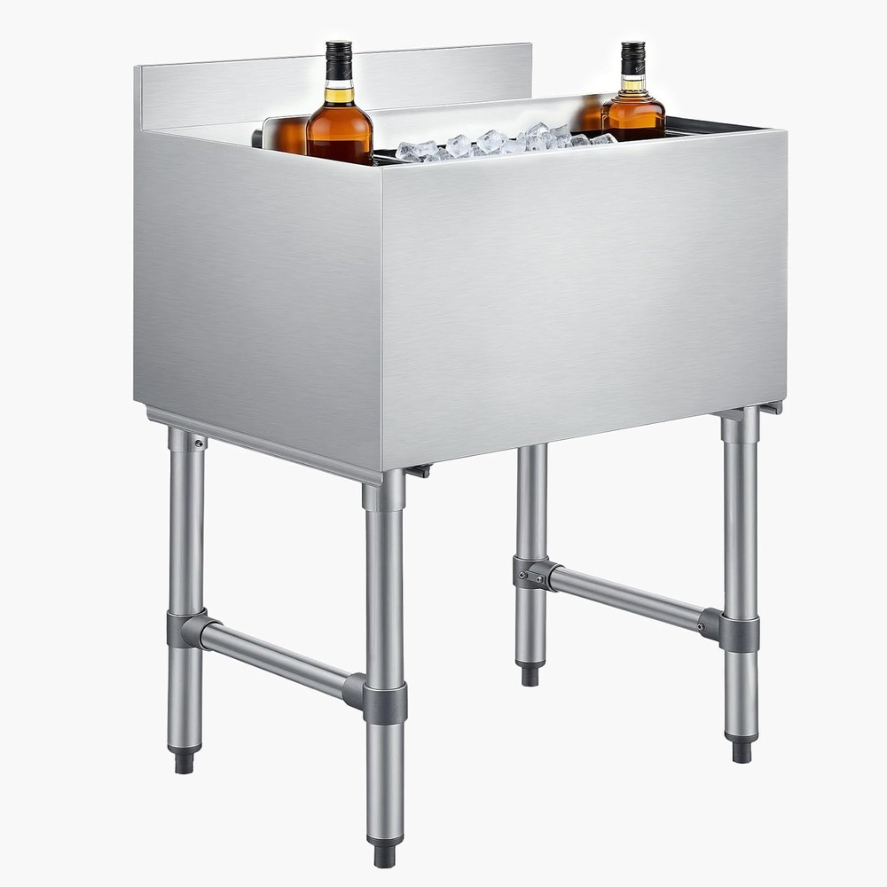 image:imageVEVOR Commercial Ice Bin19 Inch Stainless Steel Ice Chest with Sliding Lid and Bottle Holders Cooler Cart Cocktail Unit for Bar Restaurant Pub NSF Certified30 x 19 x 33