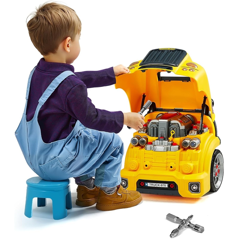 image:imageVEVOR Engine Toy 60 Pieces Kids Mechanic Car Repair Set with Removable Parts Lights and Sounds Steering Wheel and Horn Kids Mechanic Workshop Set for Toddler Ages 3 Years and Up BlueYellow