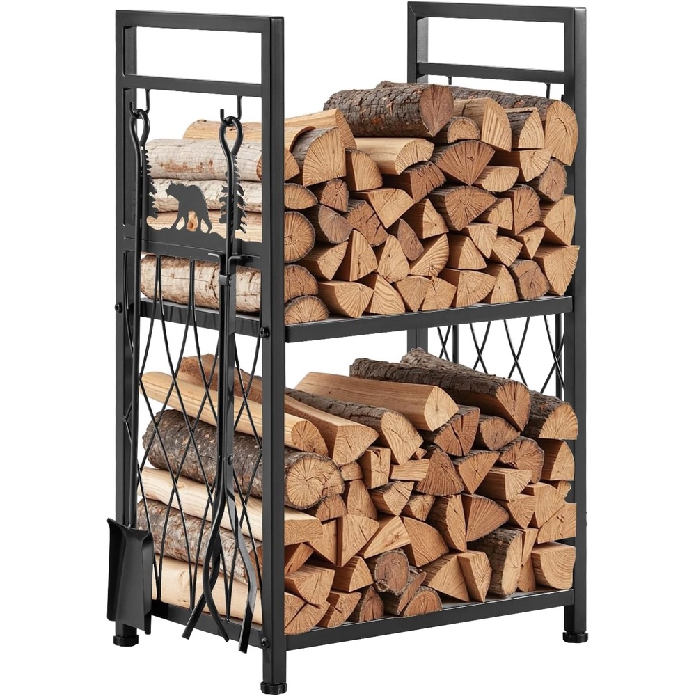 image:imageVEVOR Firewood Rack with Waterproof Cover 4 ft Outdoor Firewood Holder 14 Cord Storage Metal Log Holder 400lb Max Weight Capacity Top Covered PowderCoated Wood Storage Rack for Fireplace Deck13 FT