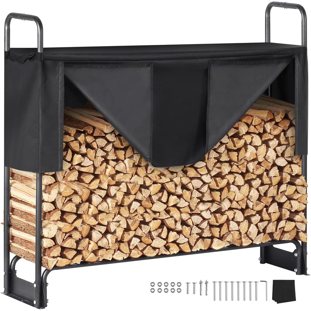 image:imageVEVOR Firewood Rack with Waterproof Cover 4 ft Outdoor Firewood Holder 14 Cord Storage Metal Log Holder 400lb Max Weight Capacity Top Covered PowderCoated Wood Storage Rack for Fireplace Deck43 FT