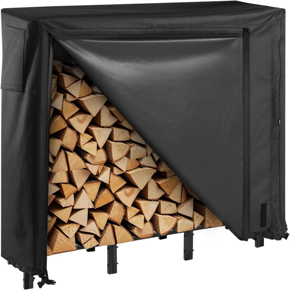 image:imageVEVOR Firewood Rack with Waterproof Cover 4 ft Outdoor Firewood Holder 14 Cord Storage Metal Log Holder 400lb Max Weight Capacity Top Covered PowderCoated Wood Storage Rack for Fireplace Deck4 FT