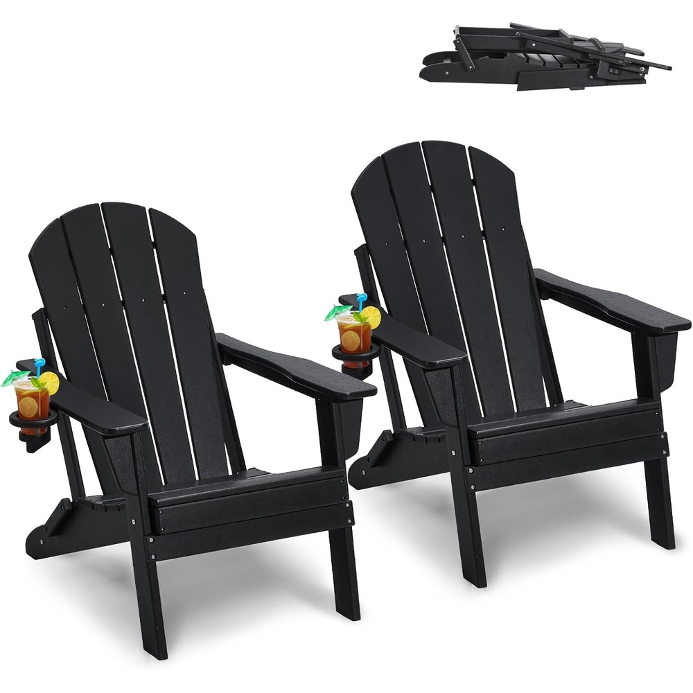 image:imageVEVOR Folding Adirondack Chairs Set of 2 with Cup Holder AllWeather Portable Plastic Fire Pit Chair Outdoor Adirondack Patio Chair with Relaxing Arm Rest Ergonomic for Garden Backyard WhiteBlack Plastic Adirondack Chairs Set of 2 With Cup Holder
