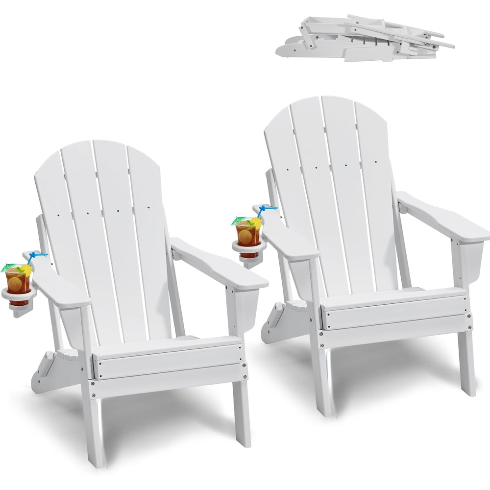image:imageVEVOR Folding Adirondack Chairs Set of 2 with Cup Holder AllWeather Portable Plastic Fire Pit Chair Outdoor Adirondack Patio Chair with Relaxing Arm Rest Ergonomic for Garden Backyard WhiteWhite Plastic Adirondack Chairs Set of 2 With Cup Holder