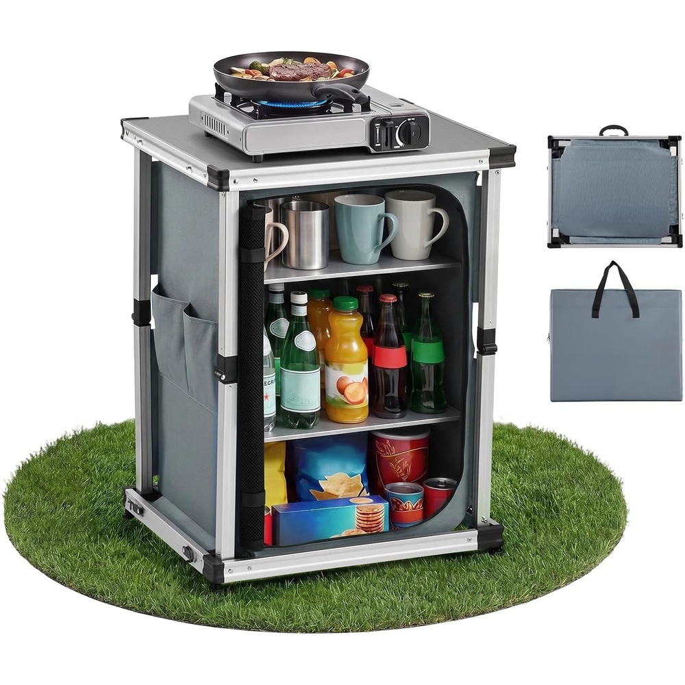 image:imageVEVOR Folding Camping Storage Cabinet Outdoor Portable Aluminum Lightweight Table Quick Setup Compact Kitchen Cook Station with 3 Shelves and Carry Bag for Picnic BBQ Camping RV Traveling