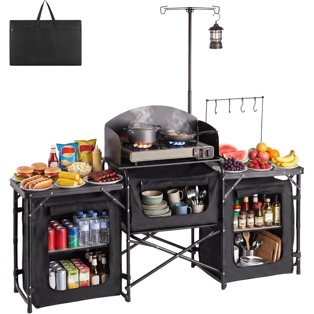 image:imageVEVOR Folding Camping Table Outdoor Portable Table Quick Setup Kitchen Cook Station with Storage Organizer Telescoping Legs a Detachable Windscreen Carrying Bag for Picnic BBQ RV Traveling