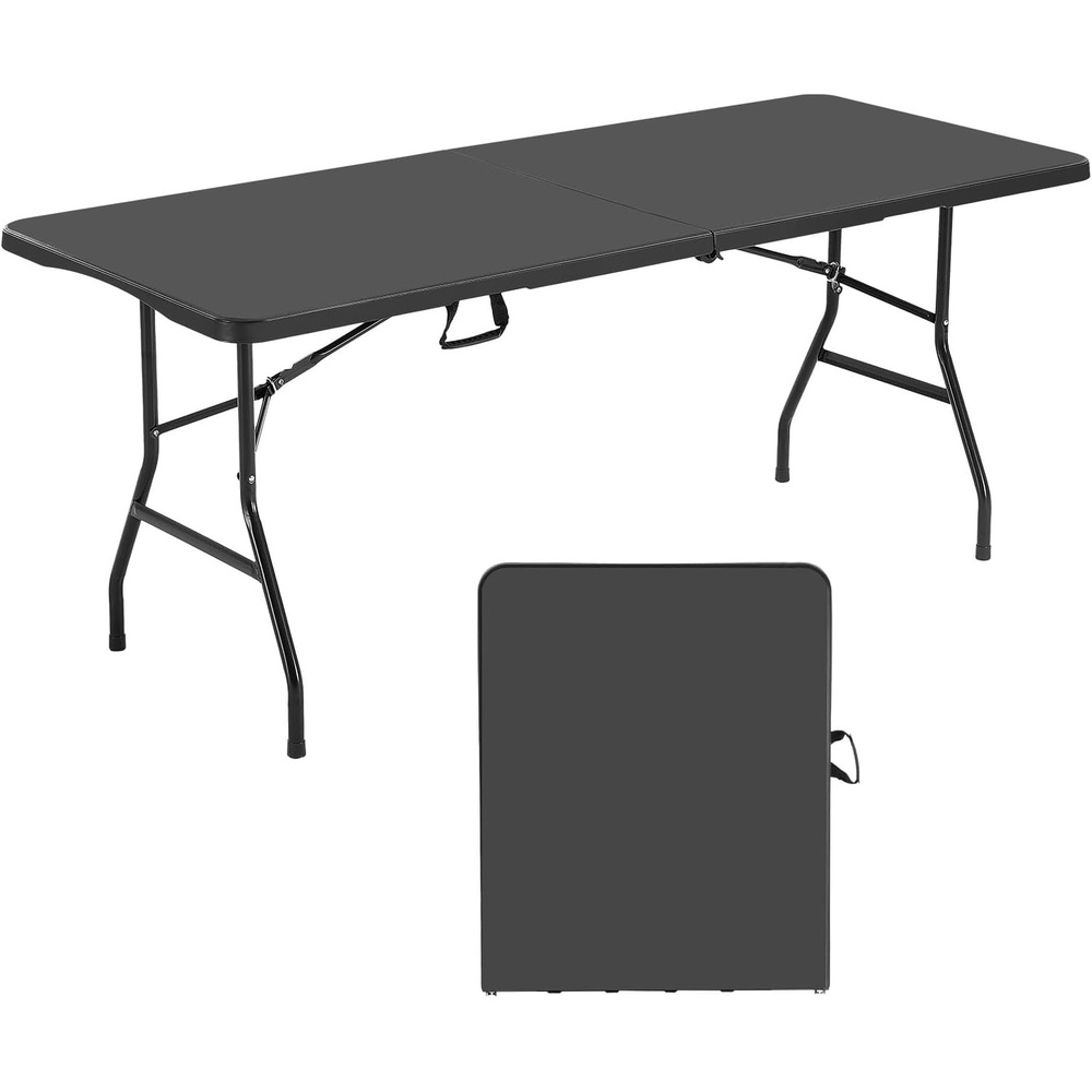 image:imageVEVOR Folding Table Heavy Duty Portable FoldinHalf Utility Table Indoor Outdoor Plastic Rectangle Table with Built in Handle for Party Dining Wedding Events Picnic Camping 6 ft Black