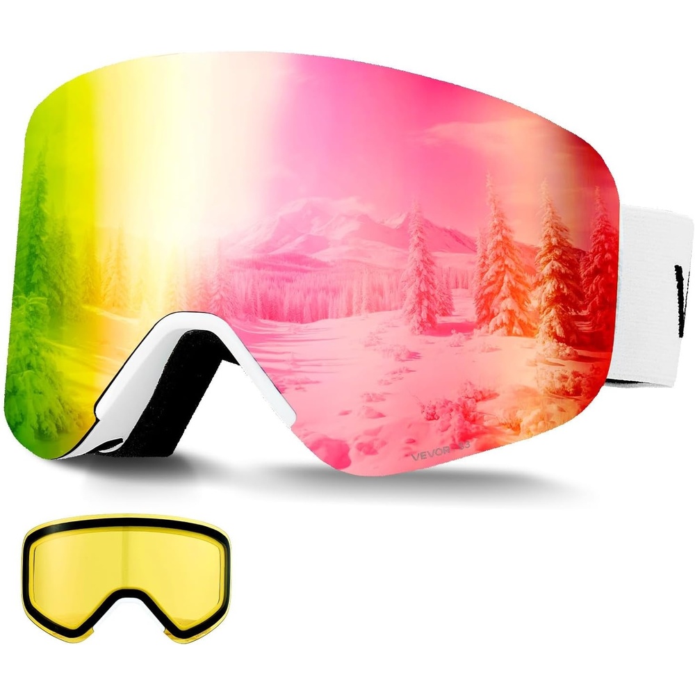 image:imageVEVOR Frameless Ski Goggles Magnet Cylindrical Lens with Revo Coating OTG Anti fog Snow Goggles TPU FramePink Lens Vlt 818